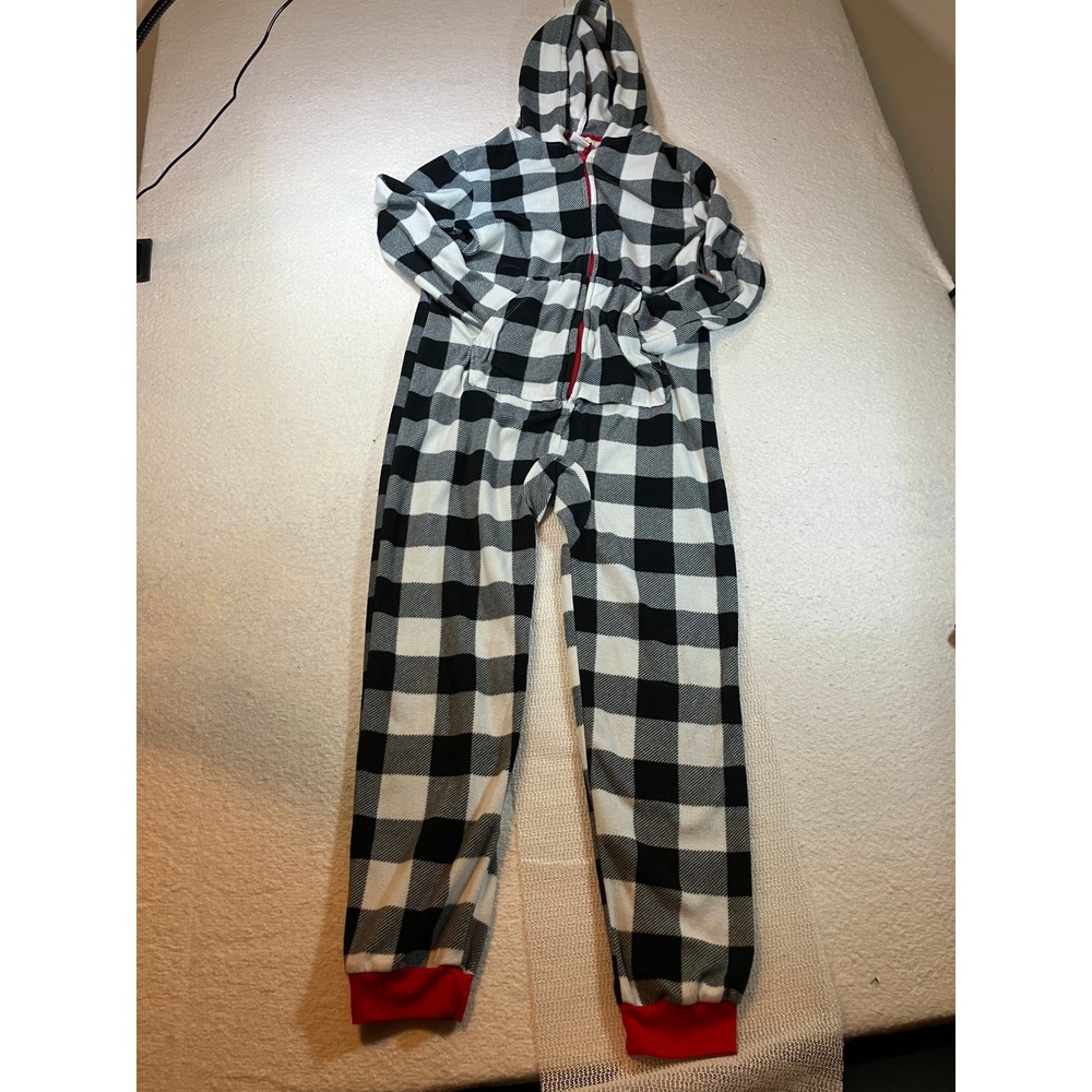 Cat & Jack Womens XL 14 Fleece Hooded One Piece Pajamas Buffalo Plaid Union Suit